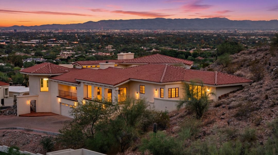 Twilight aerial of a hillside home with a red tile roof, lit from inside, with the Valley stretching to the mountains