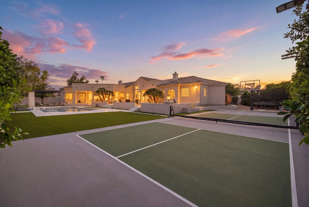 Backyard sport court at sunset with the estate lit behind it