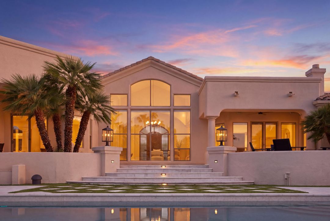 Rear of the estate at dusk, its two-story arched windows glowing over the pool