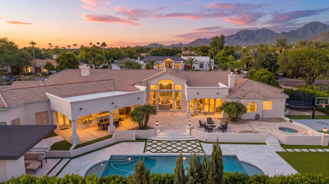 Twilight aerial over the pool and the lit house toward the mountains