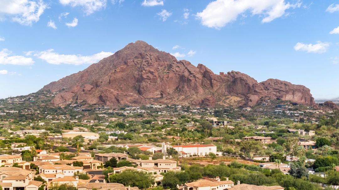 Camelback Mountain rising over Paradise Valley homes, seen from the property