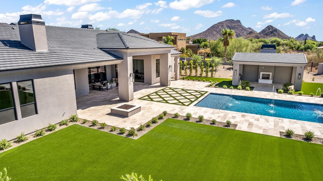 Pool, fire pit and casita under the mountains