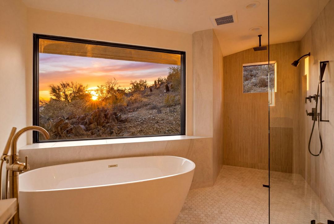 Freestanding tub under a picture window framing a desert sunset