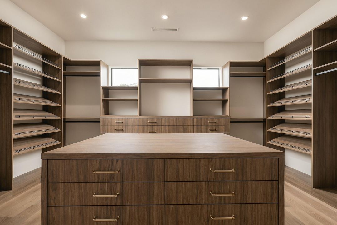 Walk-in closet with walnut built-ins and a center island
