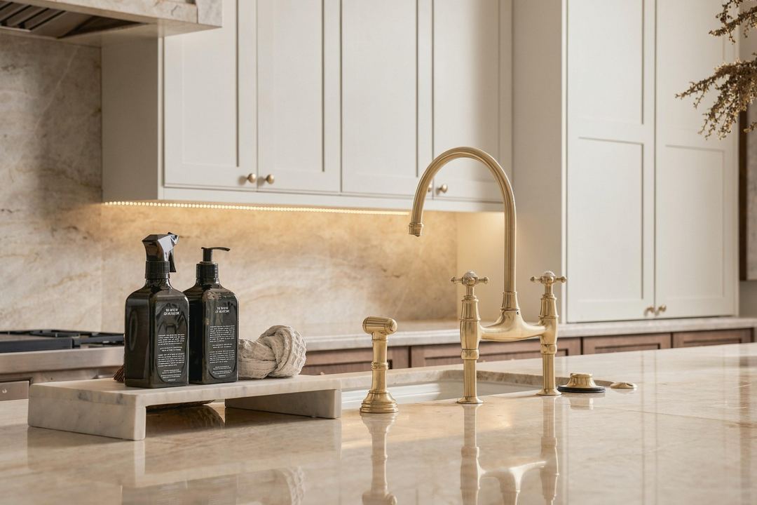 Brass bridge faucet on a marble counter, with a cutting board and soap