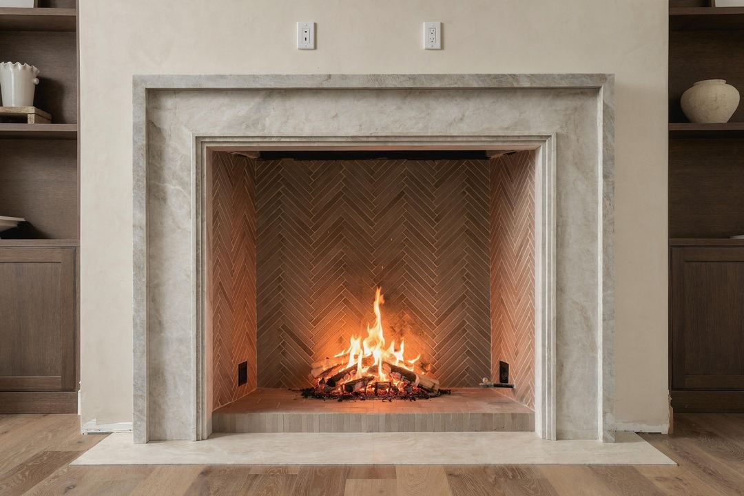 Stone fireplace with the fire lit, straight on