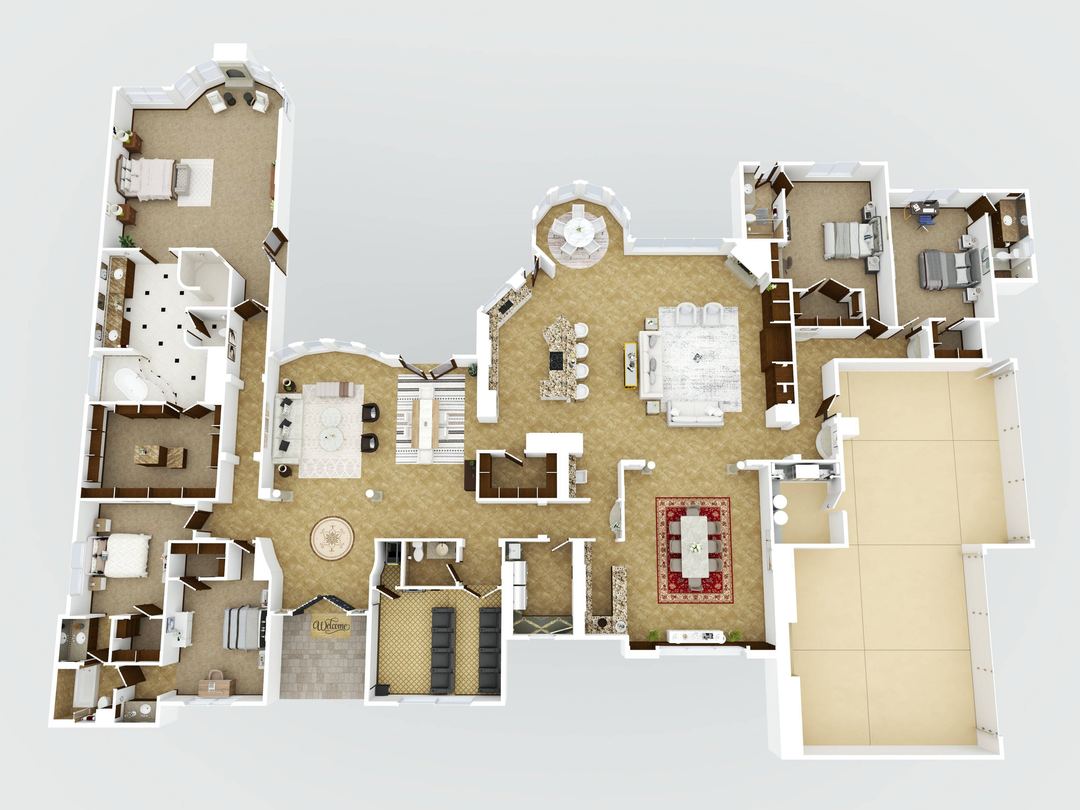 3D floor plan of a single-story home showing every room and the furniture layout
