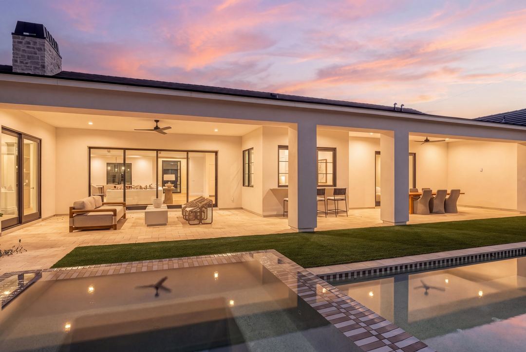 Covered patio and pool at twilight, with the great room lit through the glass walls