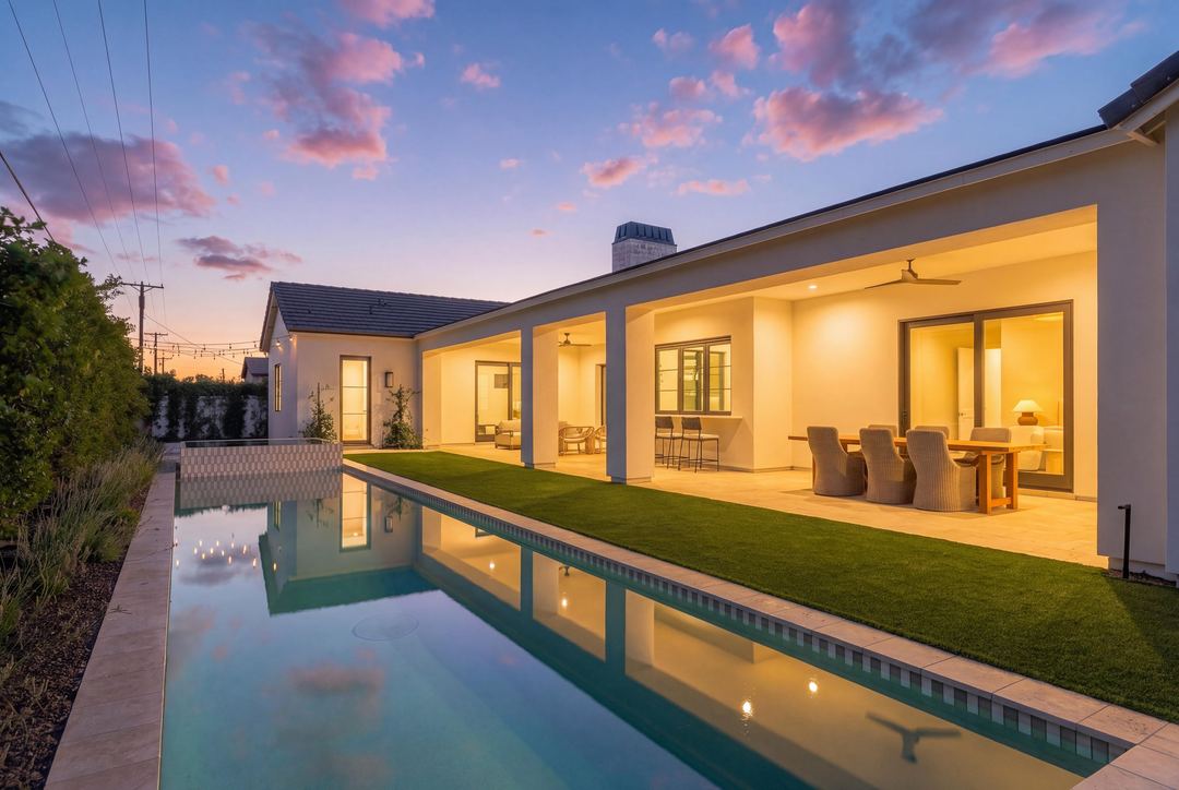Lap pool at twilight, with the house lit behind it under a pink sky