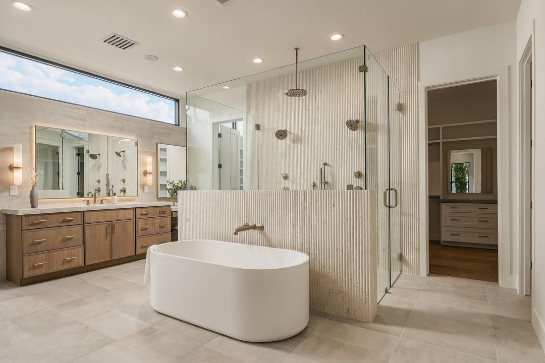 Primary bathroom with a freestanding tub against a fluted stone wall, a glass shower and a wood double vanity under a clerestory window