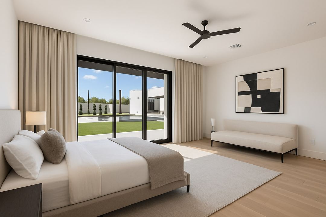 The same bedroom virtually staged with a bed, a bench and art