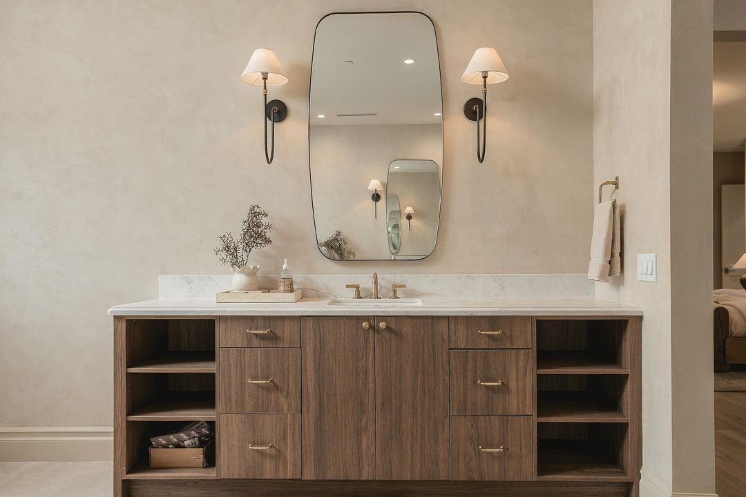 Double vanity with arched mirrors and brass sconces