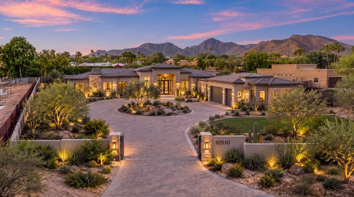 An empty lot at dusk and the rendered home on it: rendering
