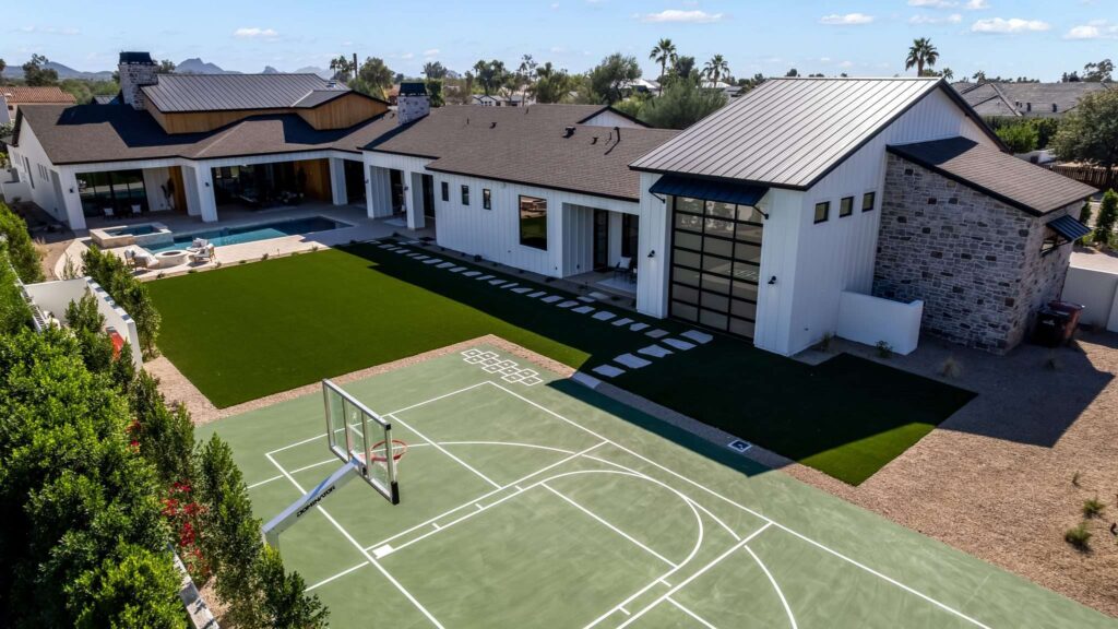 Drone Aerial Photography of Backyard Sport Court and Pool in Chandler, AZ