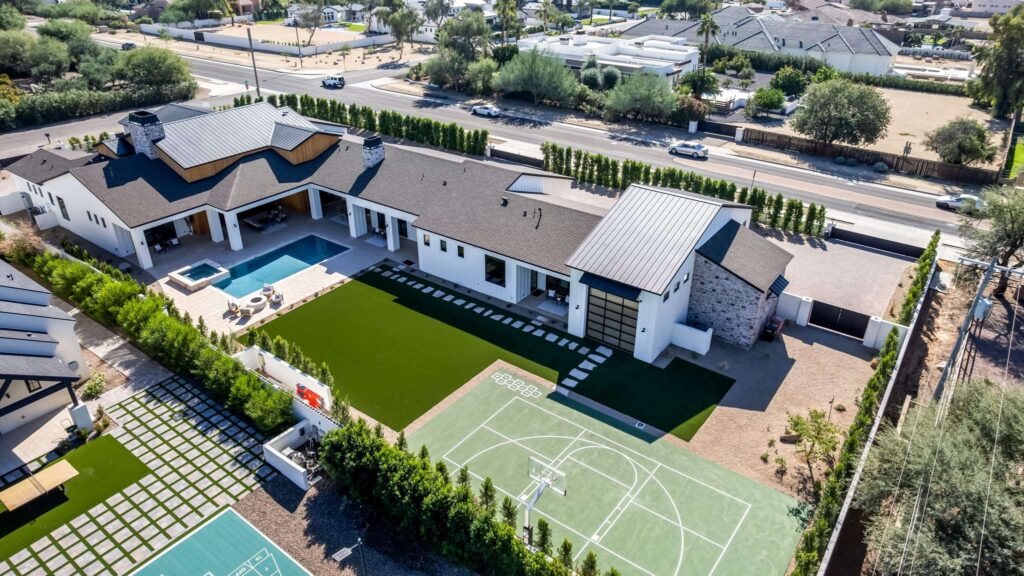 Real estate drone aerial photography of luxury backyard Mesa, AZ