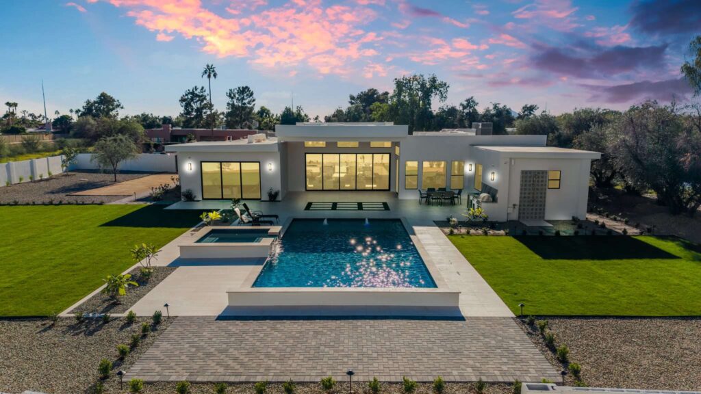 Drone Aerial Twilight Photography of Modern Home with Pool in Chandler, AZ